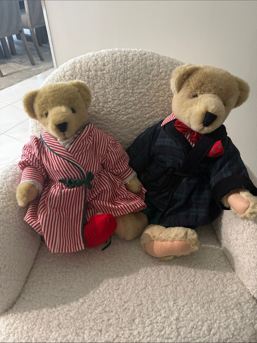 Vintage Plush Teddy Bear Pair in Beige with Red & Black Outfits - Kids Toys